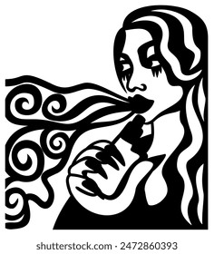 Girl making vape cloud with e-cigarette. Simple vector isolated illustration. Black and white.