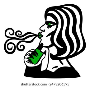 Girl making vape cloud with e-cigarette. Simple vector isolated illustration. Black and green colors.