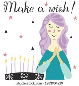 Girl making a wish with Birthday cake and candles. Congratulations lettering text. 