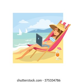 girl male freelancer  at the beach with laptop working telecommuting, telework teleworking from beach paradise seashore sitting in  deckchair, sun lounger . Seaside landscape.