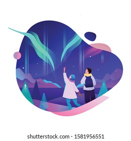 Girl and man with backpack looking at northern lights while travelling night, boyfriend and girlfriend having good night isolated on white background. Flat cartoon vector illustration.