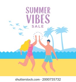 girl and man in the beach. summer banner. vector illustration
