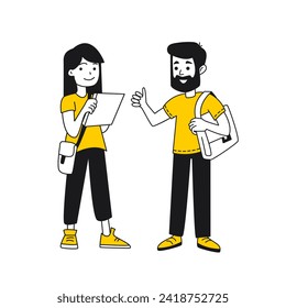 Girl and man with beard and laptop bag show thumbs up. Two as teacher and student. Isolated cartoon flat linear black and yellow illustration on white background