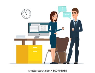Girl and man businessmen talking office. Job Interview Task Conversation Desk Working Computer. Business cartoon concept. Vector illustration isolated on white background in flat style.