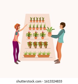 Girl and man caring for plants. Greenhouse with shelves and potted plants.Plants growing in pots.Modern vector illustration in flat cartoon style.
