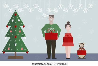 Girl, man and a cat are holding red boxes with gifts. Christmas tree, snowflake decor. Vector illustration. Flat design.