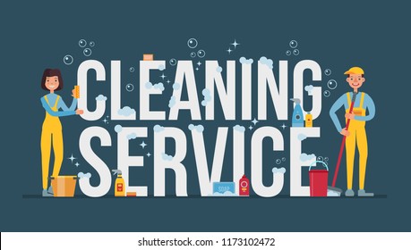
Girl and man cleaner in yellow overalls wash a large inscription. Cleaning service advertising template.