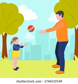 Girl and man, daughter and dad play balls in the park on green grass, with blue skies, trees. Illustration for Father 's Day, for Child Protection Day kind, sincere, love of dad and daughter. Sports, 