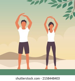 Girl and man is engaged in gymnastics. Body workout outdoor. Young people in sports pose. Health and beauty concept. Nature background. Flat vector illustration