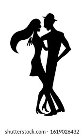 Girl and man in hat dancing bachata. Vector drawn black isolated image silhouette.