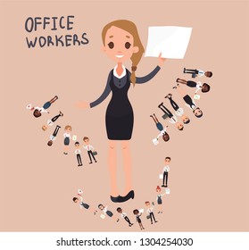 Girl man office documents briefcase tie formal wear suit business worker. Vector cartoon