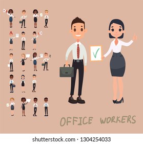 Girl man office documents briefcase tie formal wear suit business worker. Vector cartoon