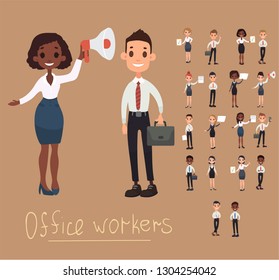 Girl man office documents briefcase tie formal wear suit business worker. Vector cartoon