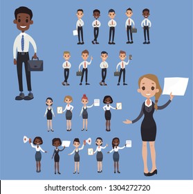 Girl man office documents briefcase tie formal wear suit business worker. Vector cartoon