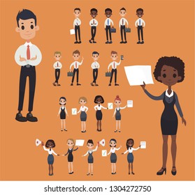 Girl man office documents briefcase tie formal wear suit business worker. Vector cartoon