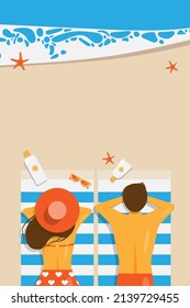 Girl and man on the beach in a bikini on the sea or ocean in summer. Couple relax on vacation in travel. Sun protection, sunscreen advertising design, top view. Vector illustration with mockup