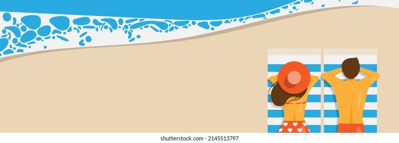 Girl and man on the beach in a bikini on the sea or ocean in summer. Couple relax on vacation in travel. Holiday advertising design, top view. Vector illustration with mockup