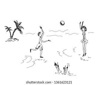 A girl and a man playing ball on the beach . Vector illustration.