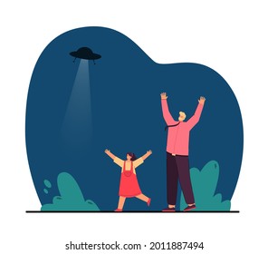 Girl and man rejoicing while seeing flying saucer. Flat vector illustration. Father and daughter running with arms high, looking at UFO flying in night sky. Space, aliens, family, mystery concept
