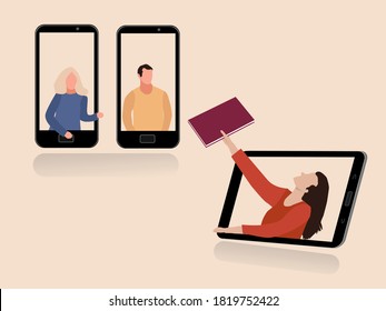 Girl And Man Share Documents Via Video Link. Video Conferences, Teleworking, Social Distancing, Business Meetings, Gift Exchange