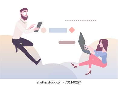  girl and a man are sitting on the clouds and chatting on the Internet