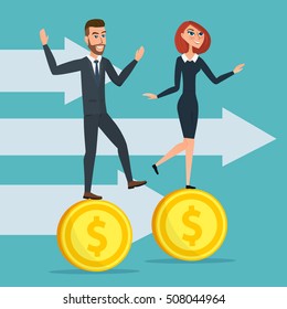 Girl and a man traveling businessmen on coins. Business cartoon concept. Vector creative color illustrations flat design in flat modern style.