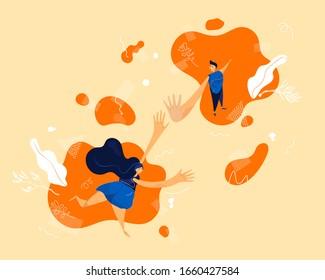 A girl and a man try to reach each other, catching hands. Flat design vector on orange, grange background. For ui, web esign. Reconnection concept of people, couples