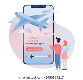 Girl and man waving goodbye to a departing plane. In the background mobile phone displays the plane taking off with an option to track the flight in real-time. Modern travel mobile app concept. Vector