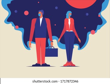 A girl and a man wearing protective masks in red and blue stand on a purple and blue background