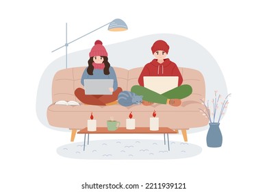 Muchacha y hombre vistiendo ropas de invierno cálidas trabajando en la laptop en casa. Temperatura fría en el apartamento. Ahorro de recursos energéticos. Ilustración vectorial.