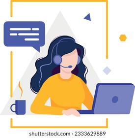 girl manager with a cup of tea sitting at the computer	