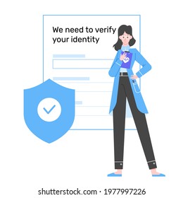 Girl manager stands next to a request for identity verification. Data security on the Internet. Vector flat illustration.