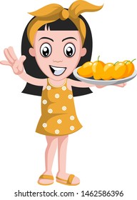 Girl with mangos, illustration, vector on white background.