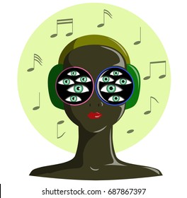 The girl with many eyes is surrounded by musical notes. Vector illustration.