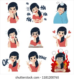The girl in many gestures. A variety of emotions and everyday activities.