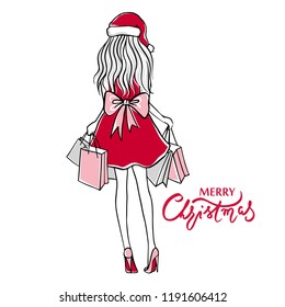 Girl with many gifts. Merry Christmas and Happy New Year vector card. Holidays illustration. Beautiful woman in a dress with gift bags. Christmas background. Fashion sketches.