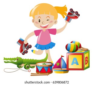 Girl and many toys on the floor illustration