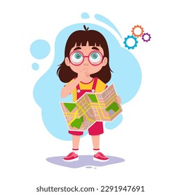 Girl with a map in her hand, thinking