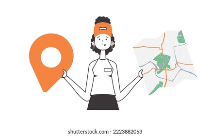 Girl with a map in her hands. Delivery concept. Lineart style. Isolated, vector illustration.
