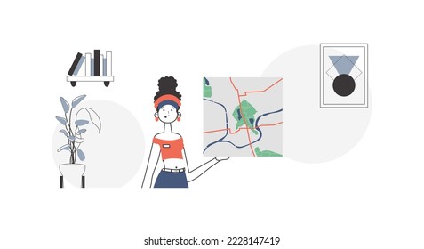 Girl with a map in her hands. Delivery concept. Lineart style.
