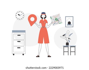 Girl with a map in her hands. Delivery concept. Lineart style.