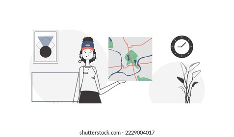 Girl with a map in her hands. Delivery concept. Linear trendy style.