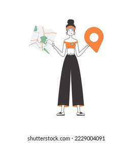 Girl with a map in her hands. Delivery concept. Linear trendy style. Isolated, vector illustration.