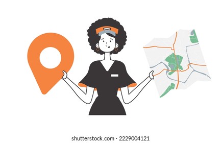 Girl with a map in her hands. Delivery concept. Linear modern style. Isolated, vector illustration.