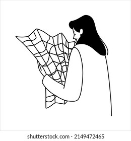 Girl with map line minimalistic vector illustration