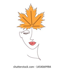Girl with maple leaf on white background.One line drawing style.Autumn concept.