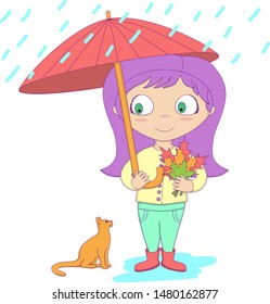 girl with maple leaves stand under an umbrella and shelter a cat from the rain