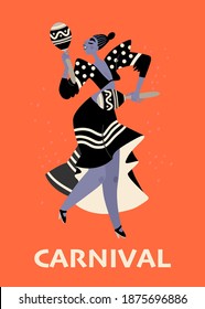 Girl with maracas on a red background. Carnival flyer in flat cartoon style