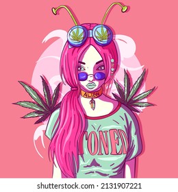 Girl with marijuana leaves and alien antennae. Stoner and psychedelic conceptual art with cannabis leaves and a high woman. Portrait of a millennial with round hippie eyeglasses.