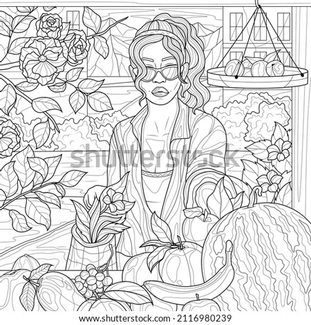 The girl in the market chooses fruits.Coloring book antistress for children and adults. Illustration isolated on white background.Zen-tangle style. Hand draw